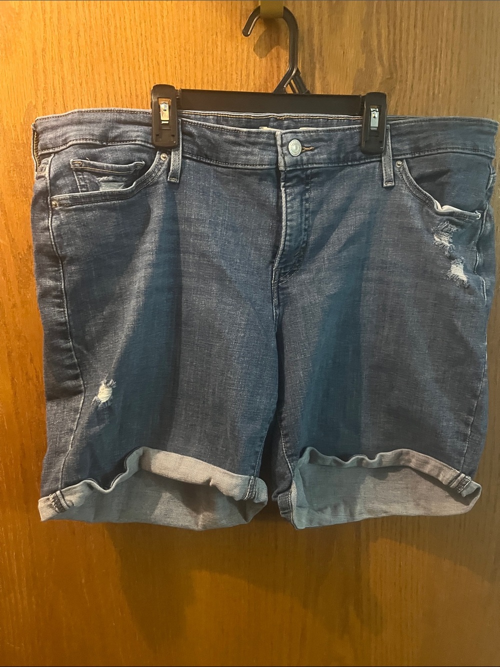Levi's Medium Blue Rolled Cuff Distressed Denim Shorts
